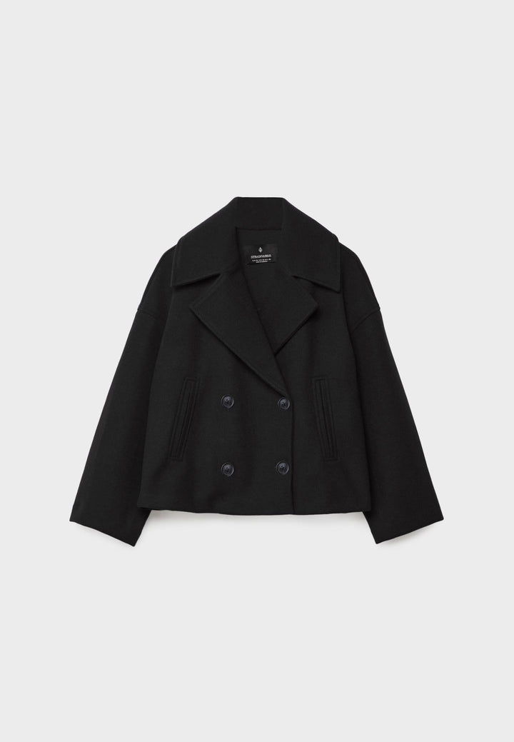 Cropped Double-Breasted Jacket with Notched Lapels and Long Sleeves