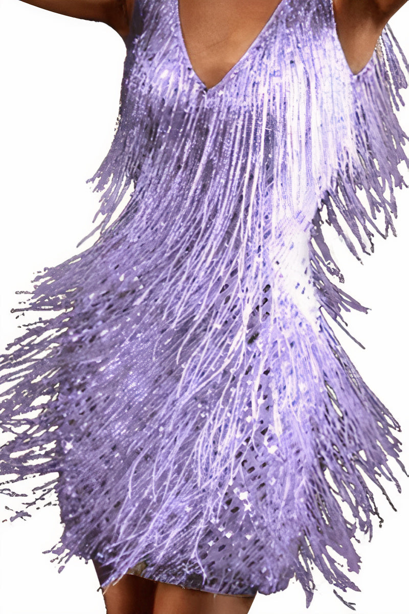 Fringe Mini Dress with V-Neckline and Spaghetti Straps