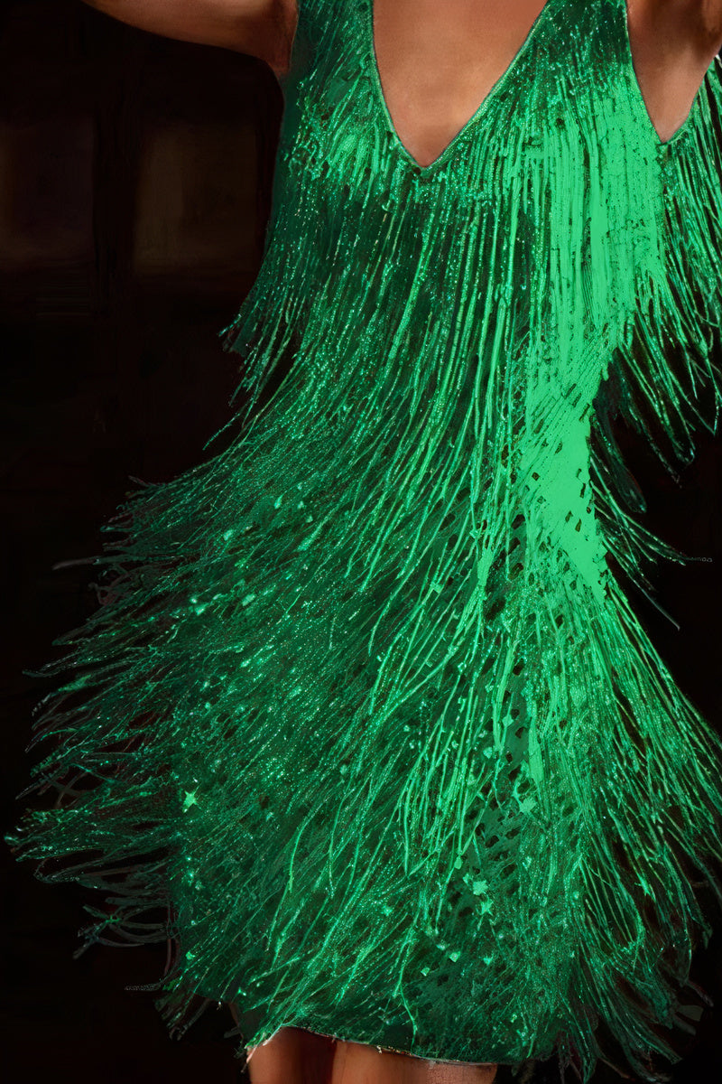 Fringe Mini Dress with V-Neckline and Spaghetti Straps