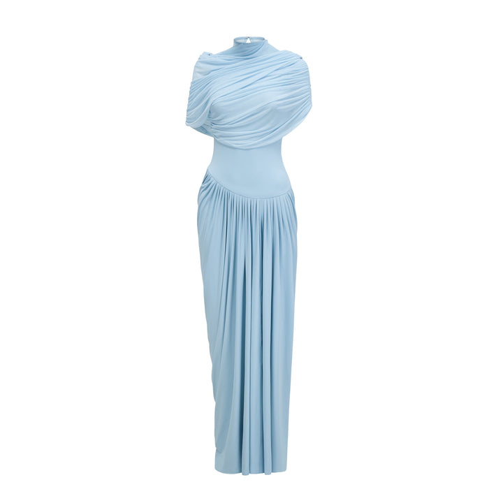 Draped Maxi Dress with High Neckline and Ruched Skirt