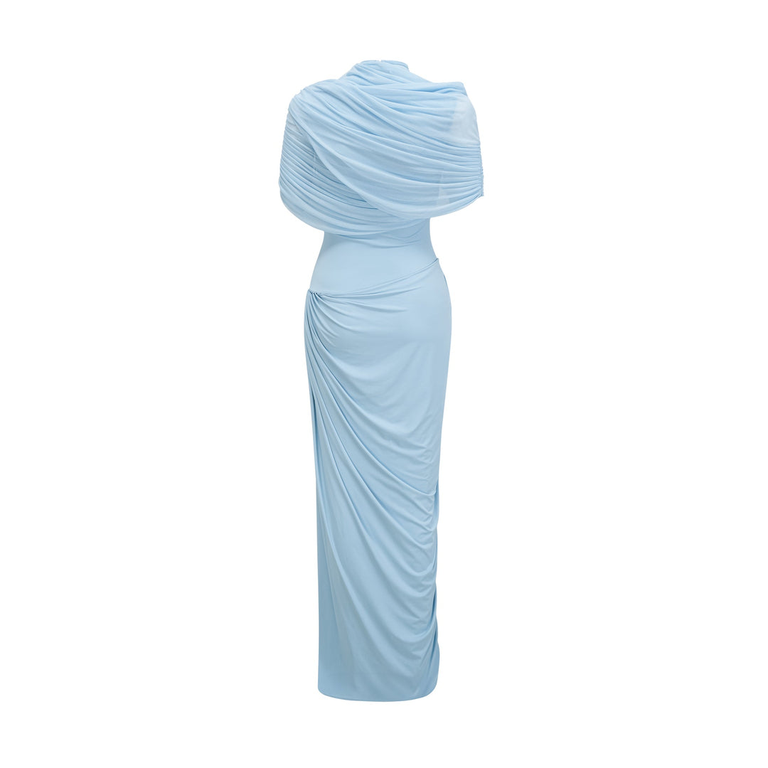 Draped Maxi Dress with High Neckline and Ruched Skirt