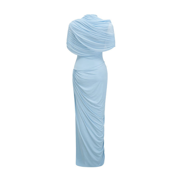 Draped Maxi Dress with High Neckline and Ruched Skirt