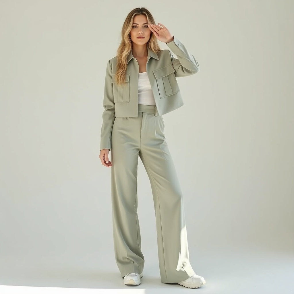 Two-Piece Suit Set with Cropped Jacket and Wide Leg Trousers