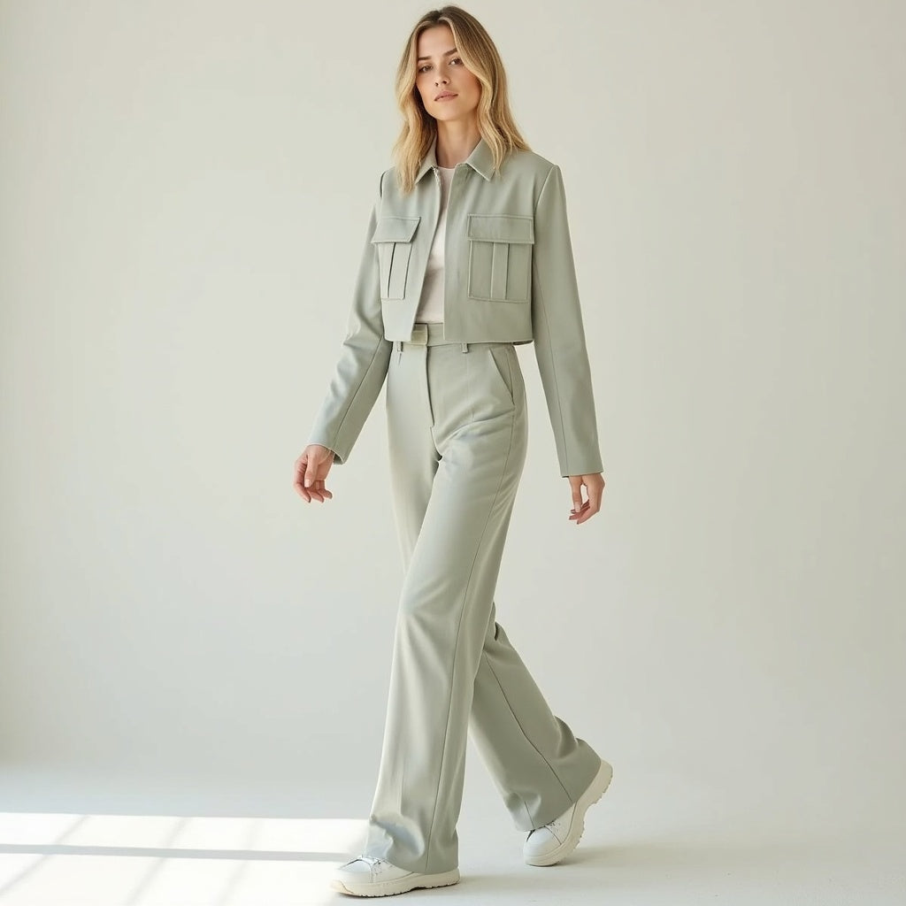 Two-Piece Suit Set with Cropped Jacket and Wide Leg Trousers