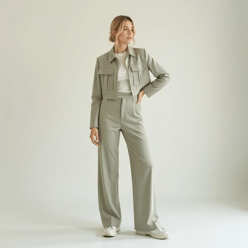 Two-Piece Suit Set with Cropped Jacket and Wide Leg Trousers