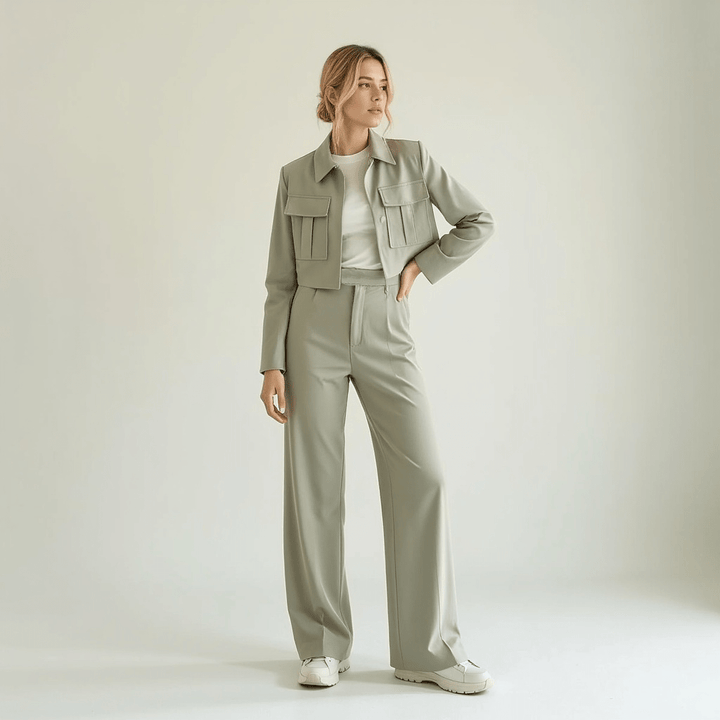 Two-Piece Suit Set with Cropped Jacket and Wide Leg Trousers