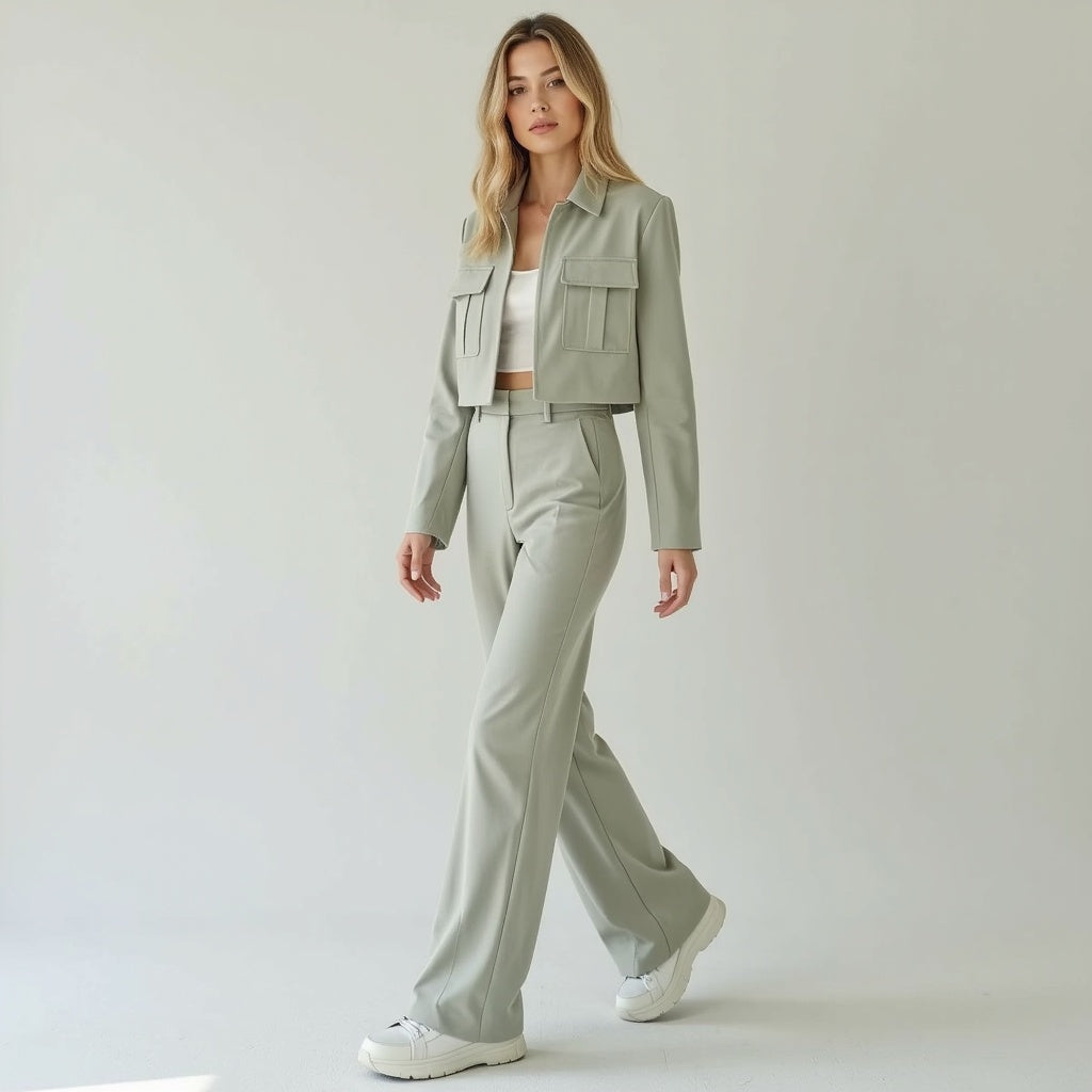 Two-Piece Suit Set with Cropped Jacket and Wide Leg Trousers