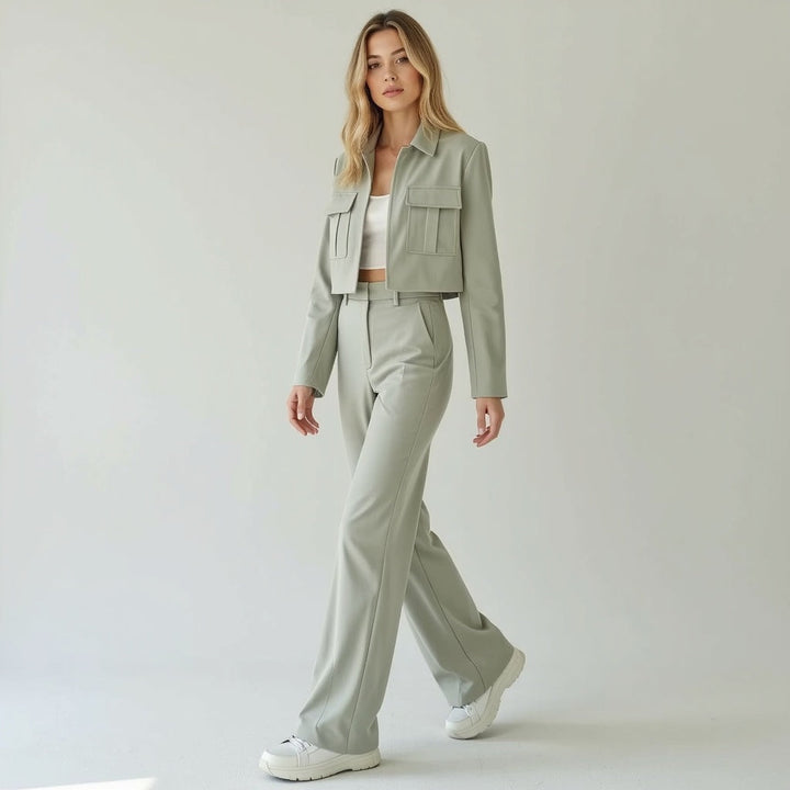 Two-Piece Suit Set with Cropped Jacket and Wide Leg Trousers
