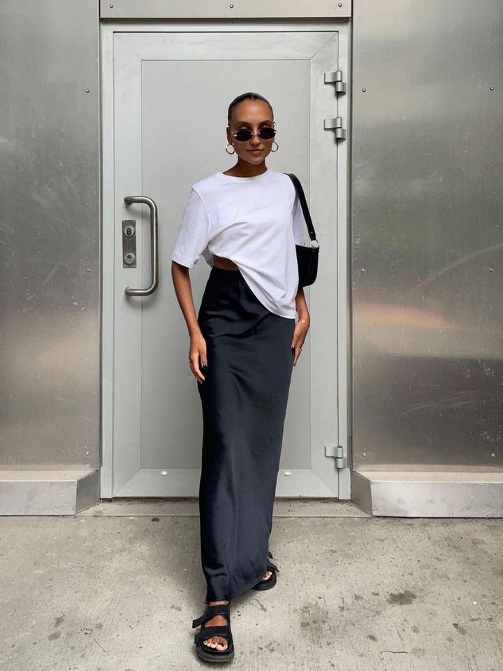 Bias-Cut Maxi Skirt with High-Rise Waist and Straight Hem