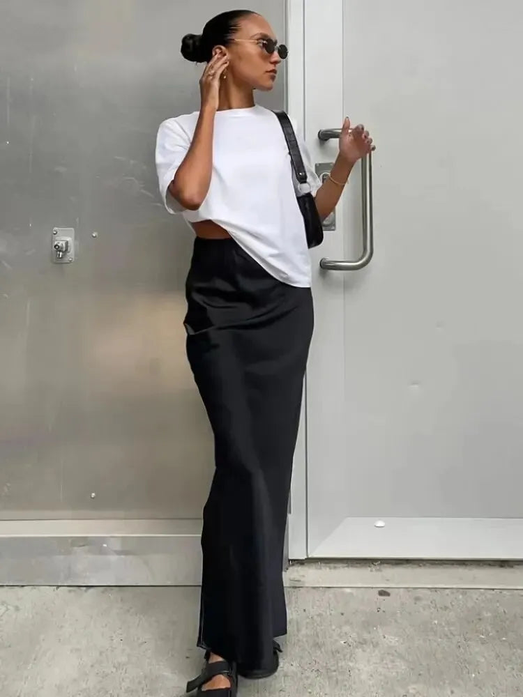Bias-Cut Maxi Skirt with High-Rise Waist and Straight Hem