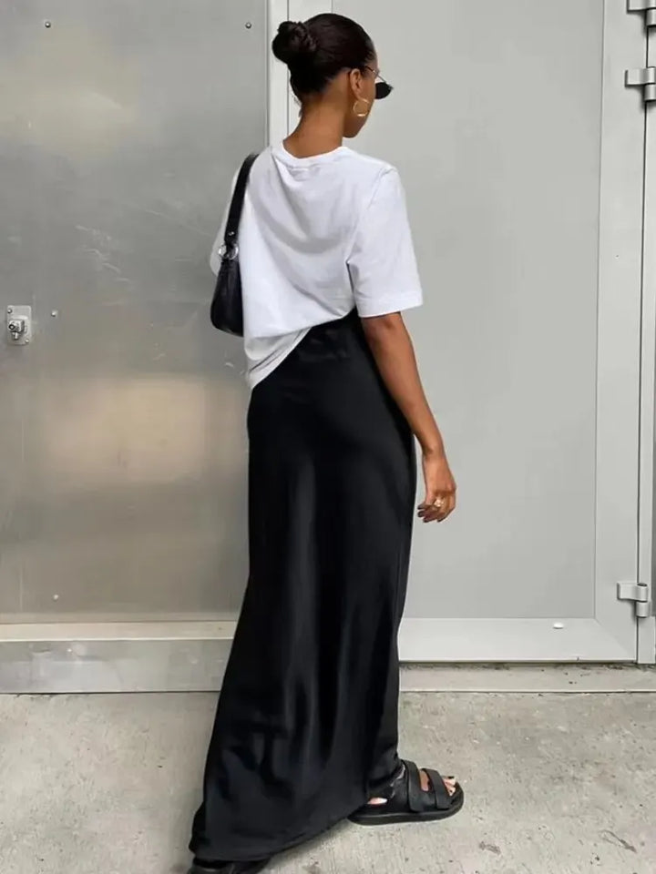 Bias-Cut Maxi Skirt with High-Rise Waist and Straight Hem