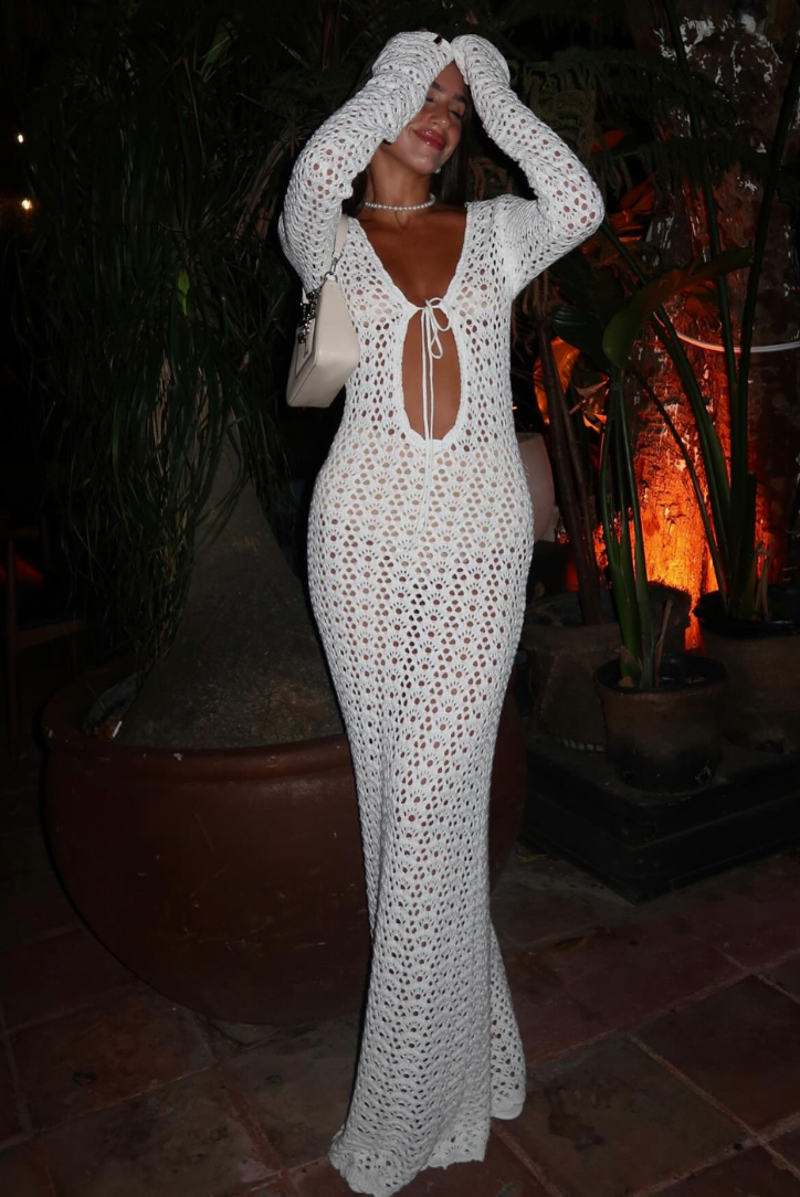 Crochet Maxi Dress with Tie Front and Long Sleeves