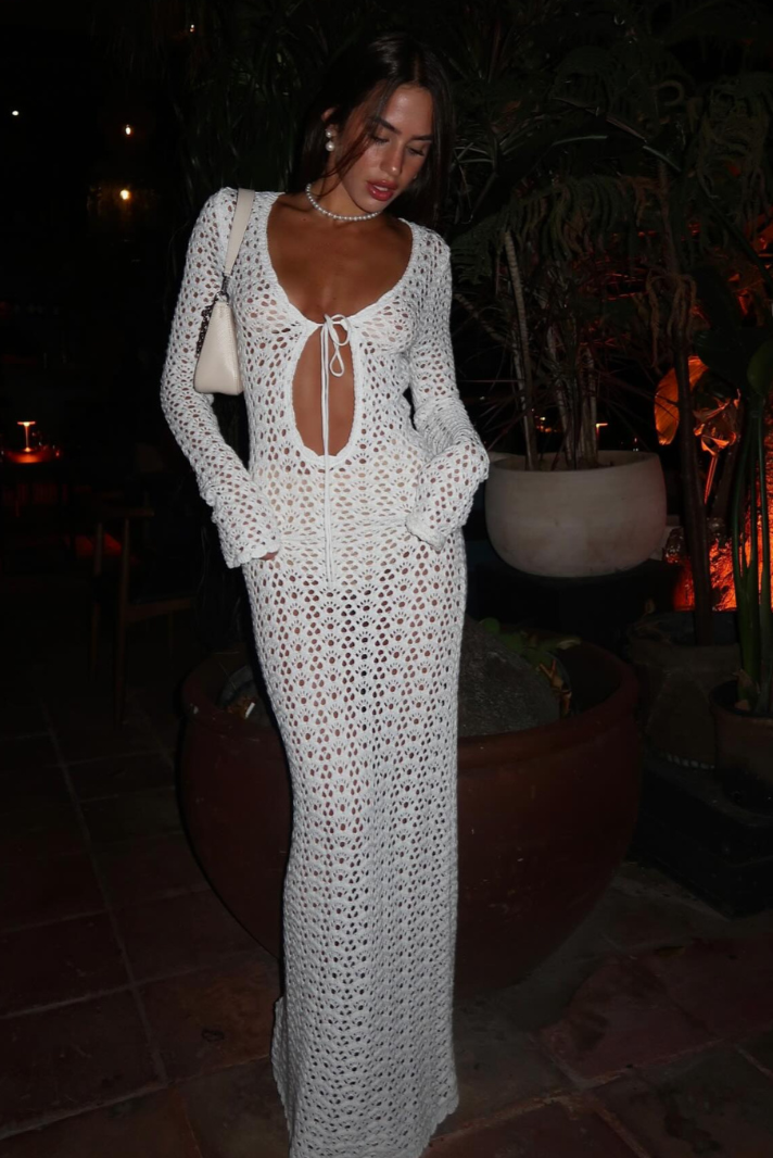 Crochet Maxi Dress with Tie Front and Long Sleeves