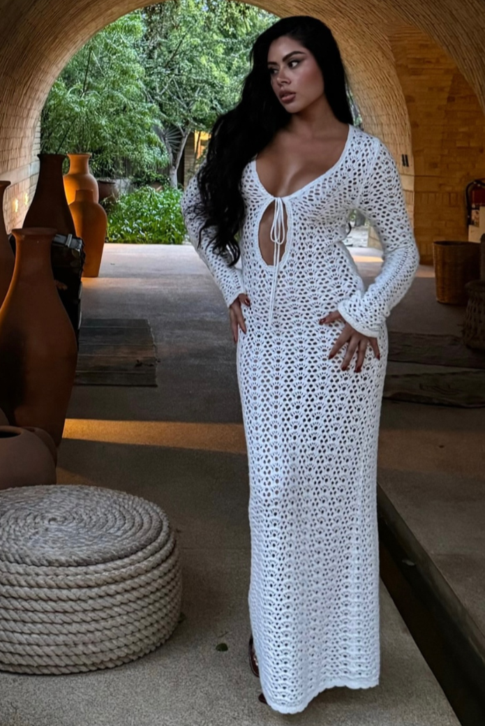 Crochet Maxi Dress with Tie Front and Long Sleeves