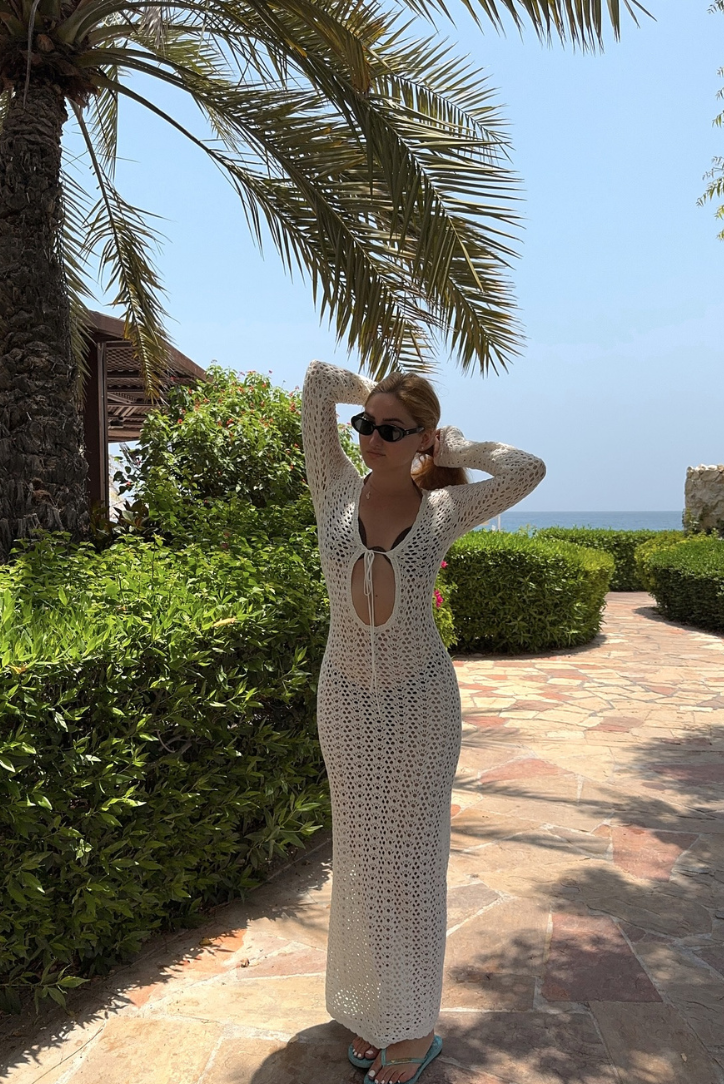 Crochet Maxi Dress with Tie Front and Long Sleeves