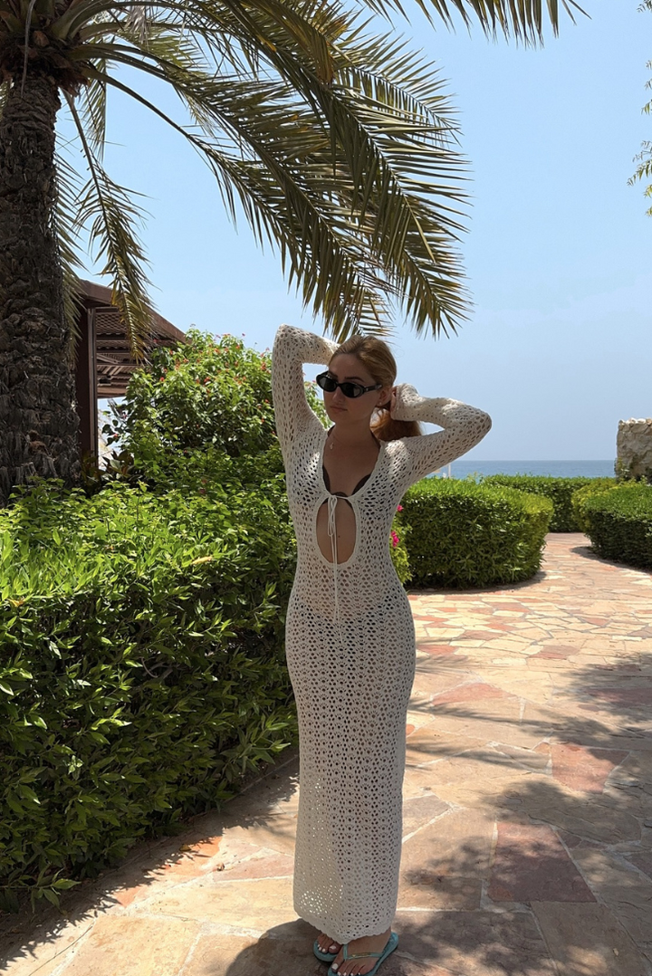 Crochet Maxi Dress with Tie Front and Long Sleeves