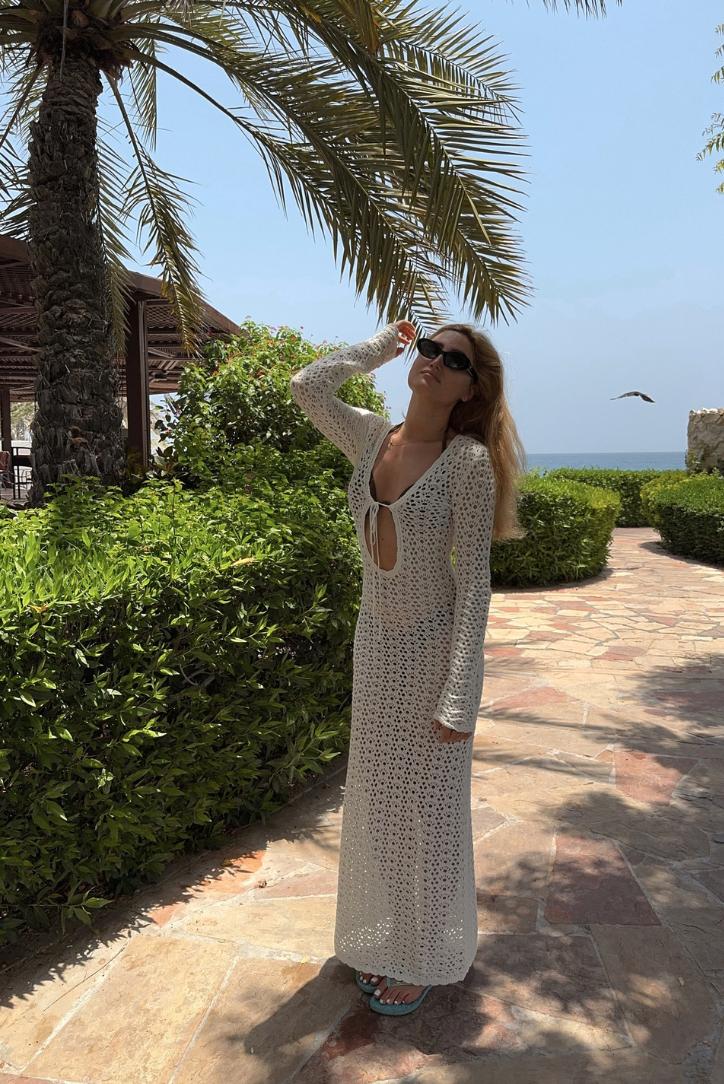 Crochet Maxi Dress with Tie Front and Long Sleeves