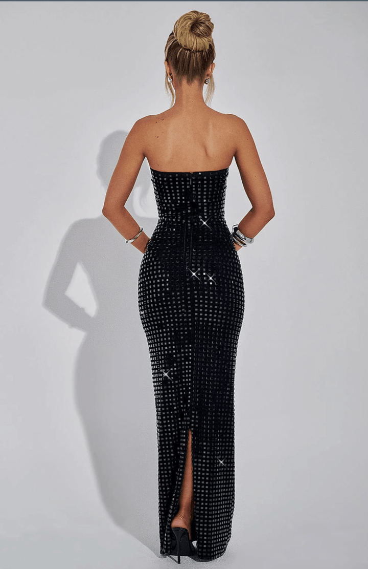 Strapless Maxi Dress with Straight Neckline and All-Over Embellishment
