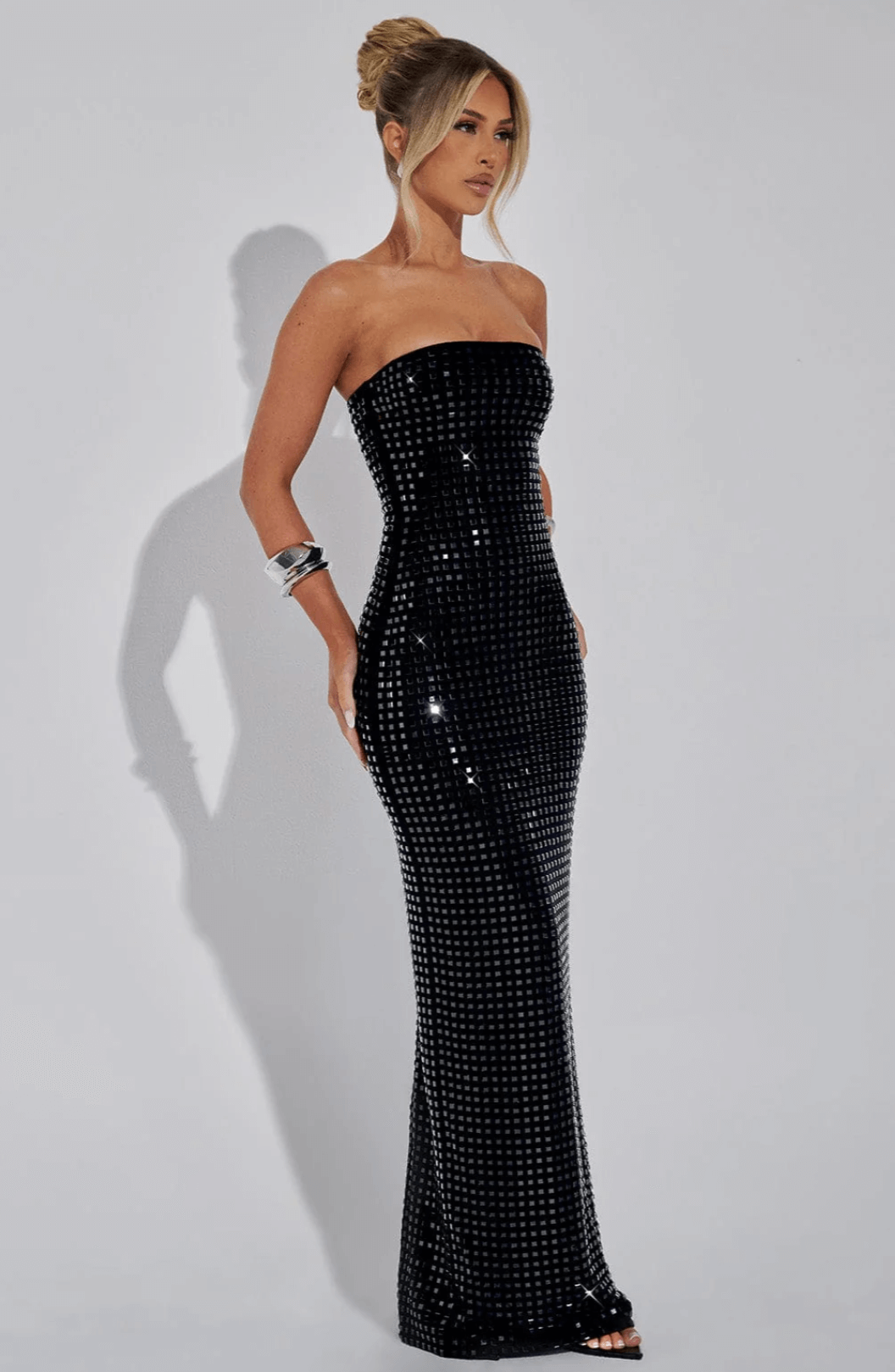 Strapless Maxi Dress with Straight Neckline and All-Over Embellishment
