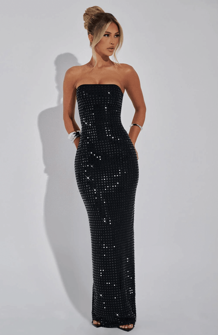 Strapless Maxi Dress with Straight Neckline and All-Over Embellishment