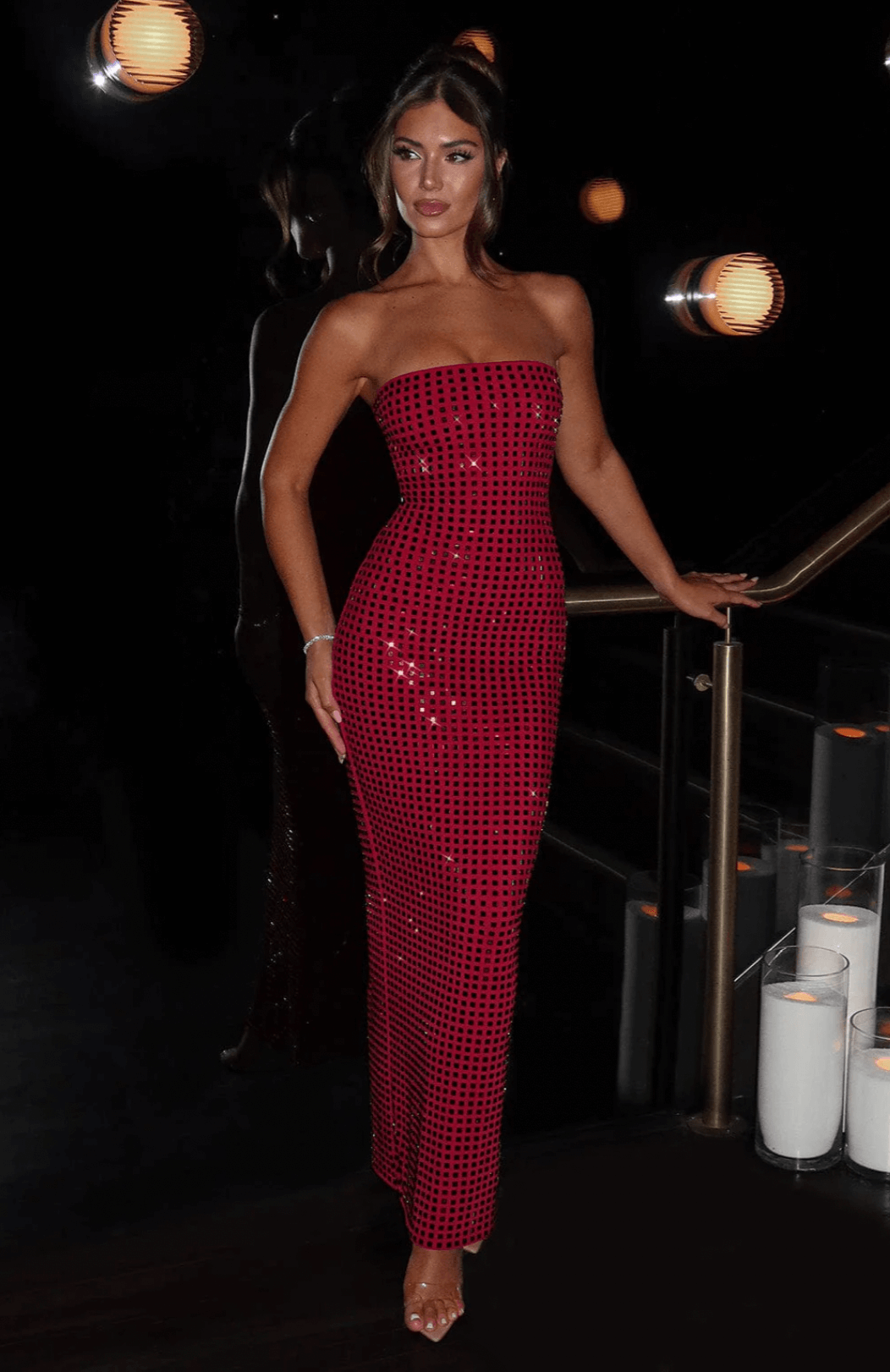 Strapless Maxi Dress with Straight Neckline and All-Over Embellishment