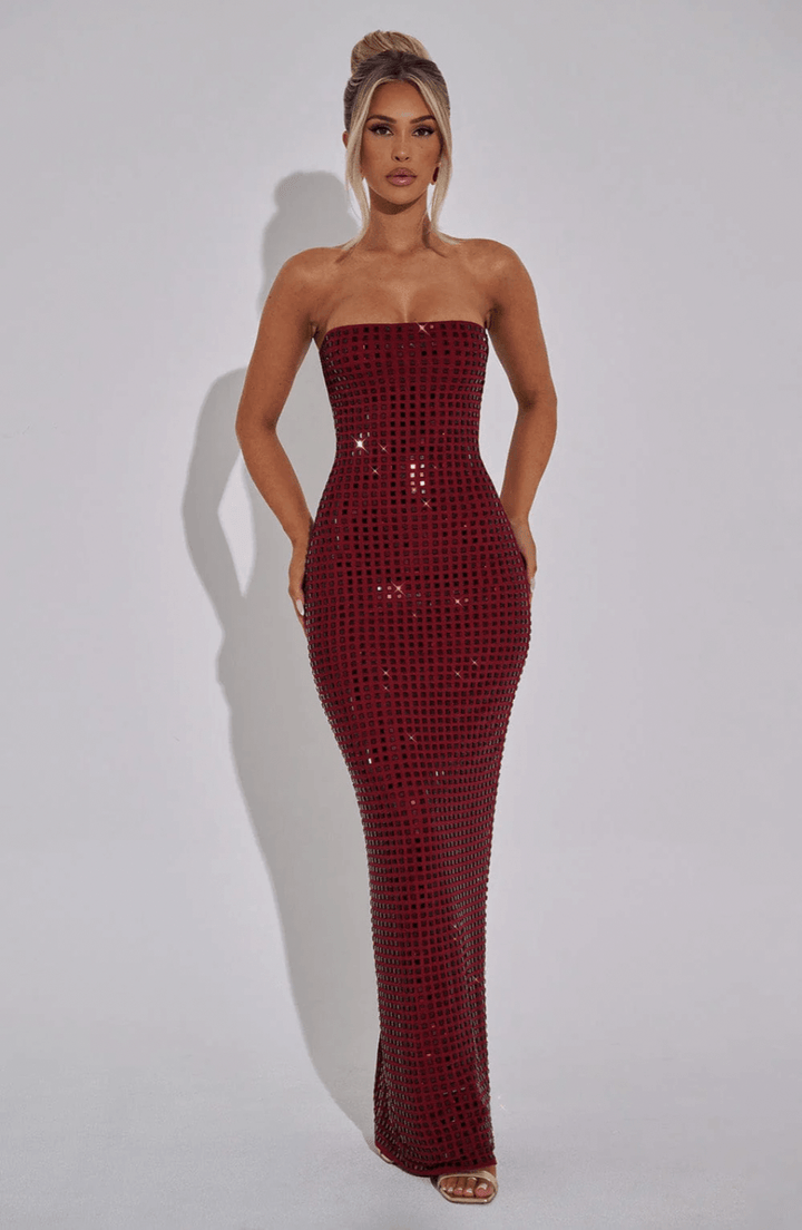 Strapless Maxi Dress with Straight Neckline and All-Over Embellishment