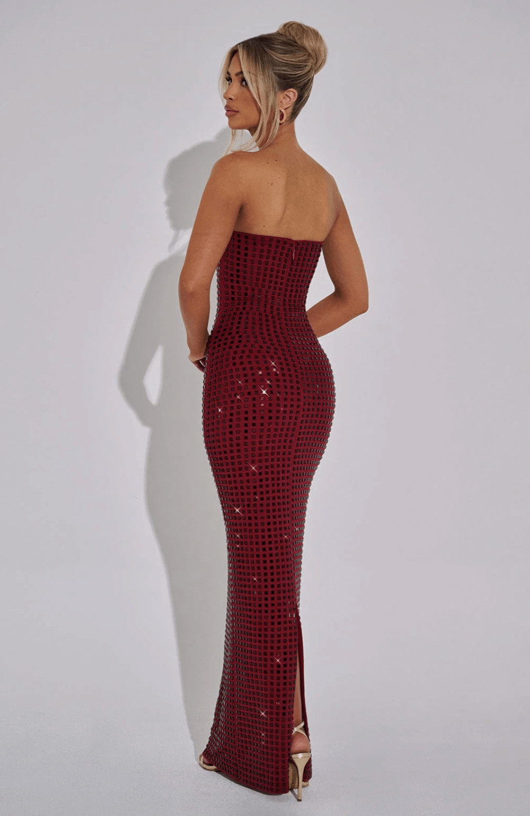 Strapless Maxi Dress with Straight Neckline and All-Over Embellishment
