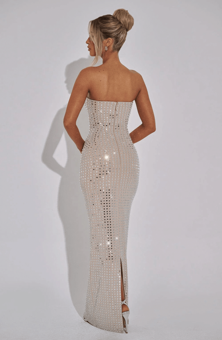 Strapless Maxi Dress with Straight Neckline and All-Over Embellishment