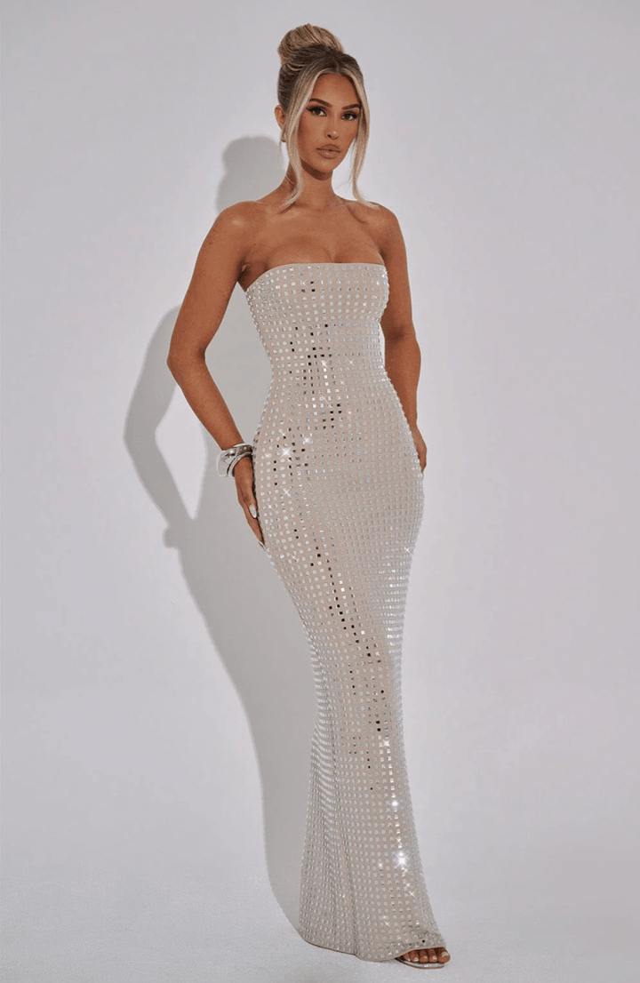 Strapless Maxi Dress with Straight Neckline and All-Over Embellishment
