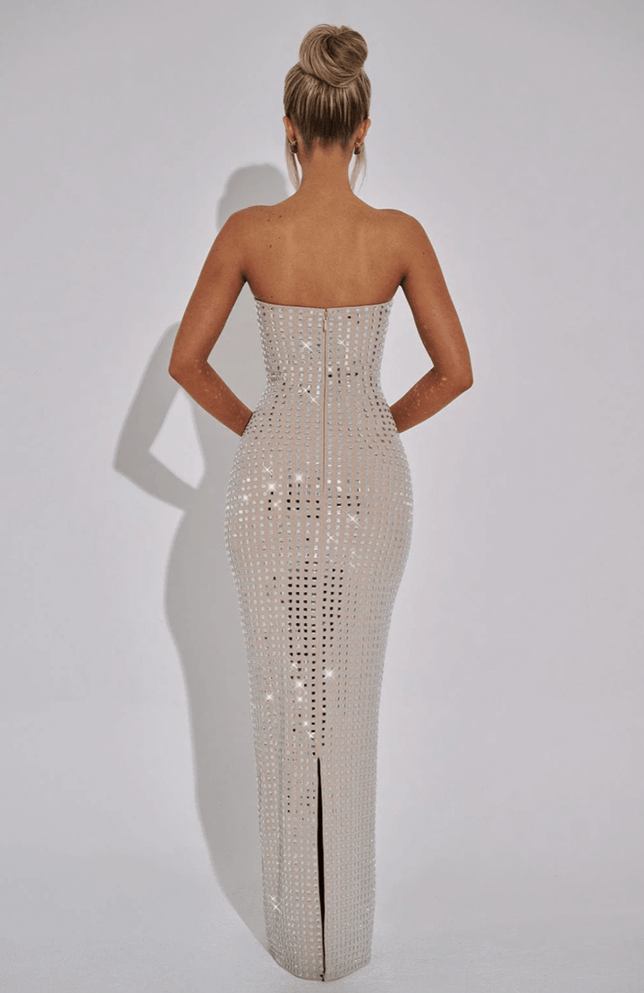 Strapless Maxi Dress with Straight Neckline and All-Over Embellishment