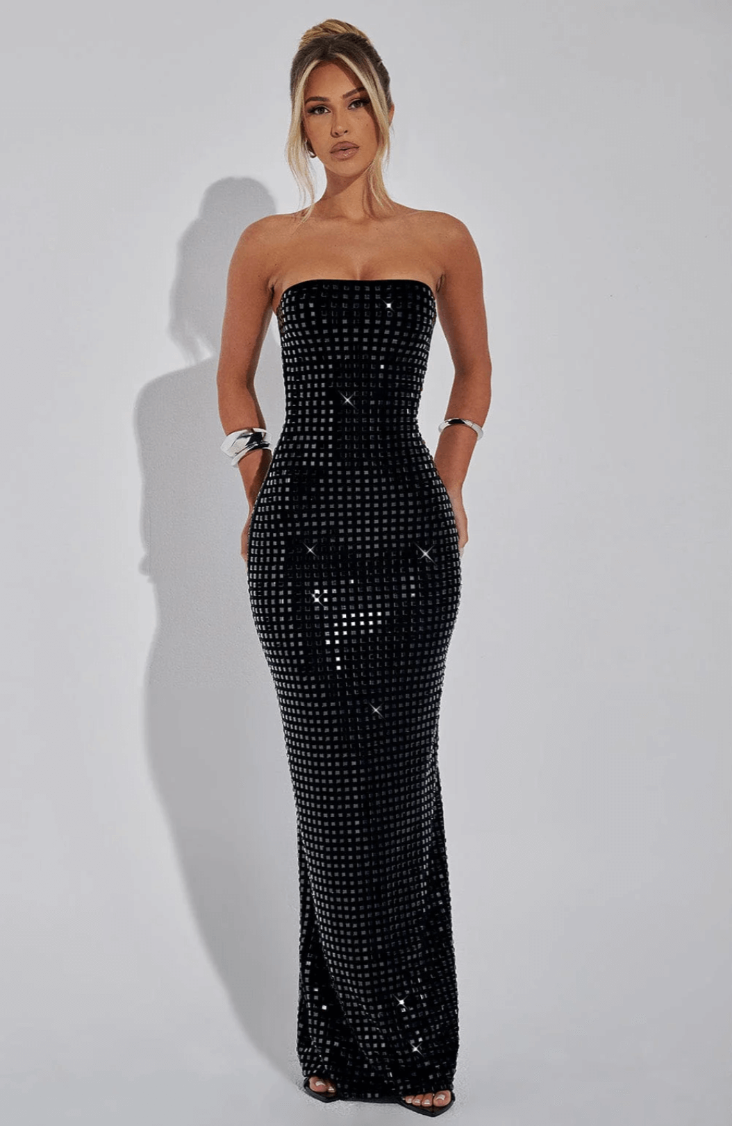 Strapless Maxi Dress with Straight Neckline and All-Over Embellishment