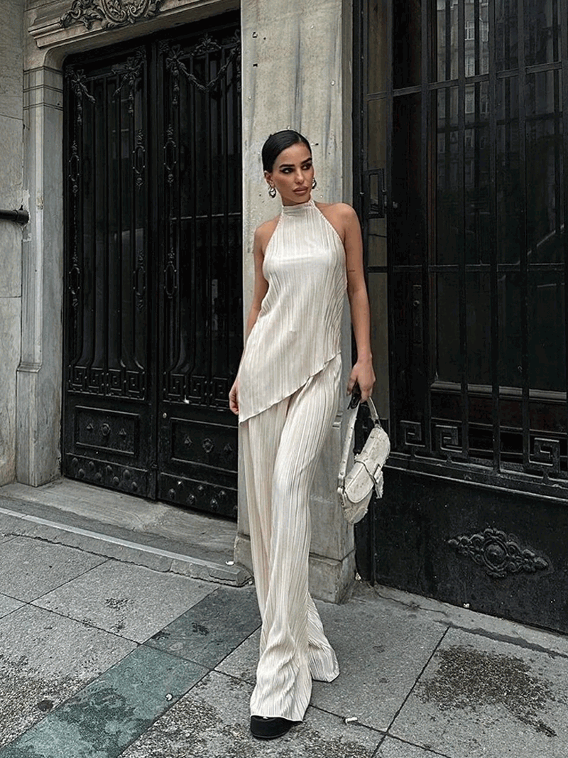 Pleated Two-Piece Set with Halter Top and Wide-Leg Trousers
