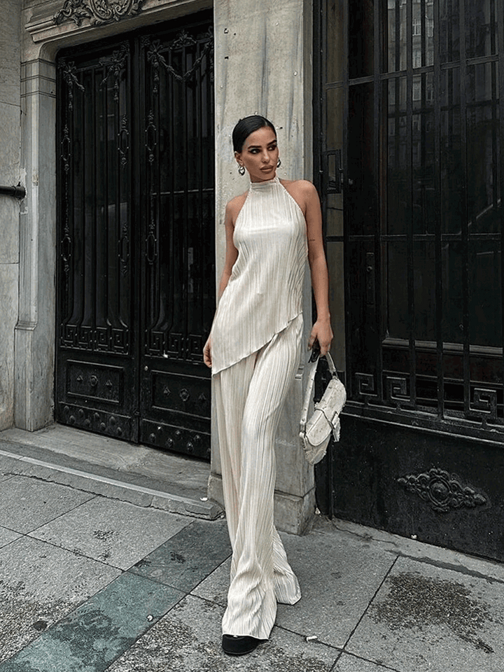 Pleated Two-Piece Set with Halter Top and Wide-Leg Trousers