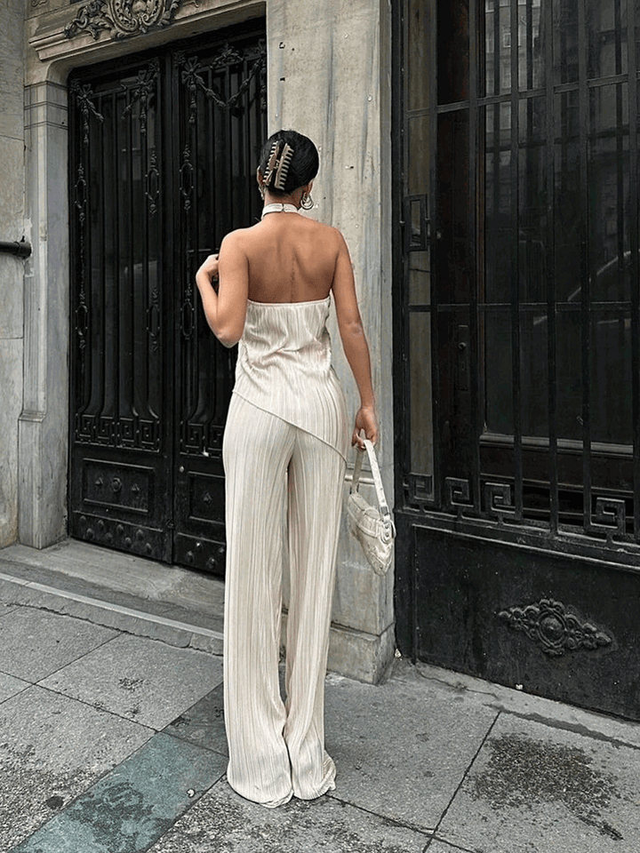 Pleated Two-Piece Set with Halter Top and Wide-Leg Trousers