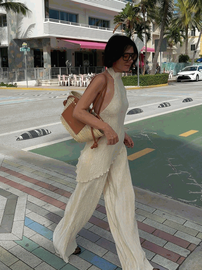Pleated Two-Piece Set with Halter Top and Wide-Leg Trousers