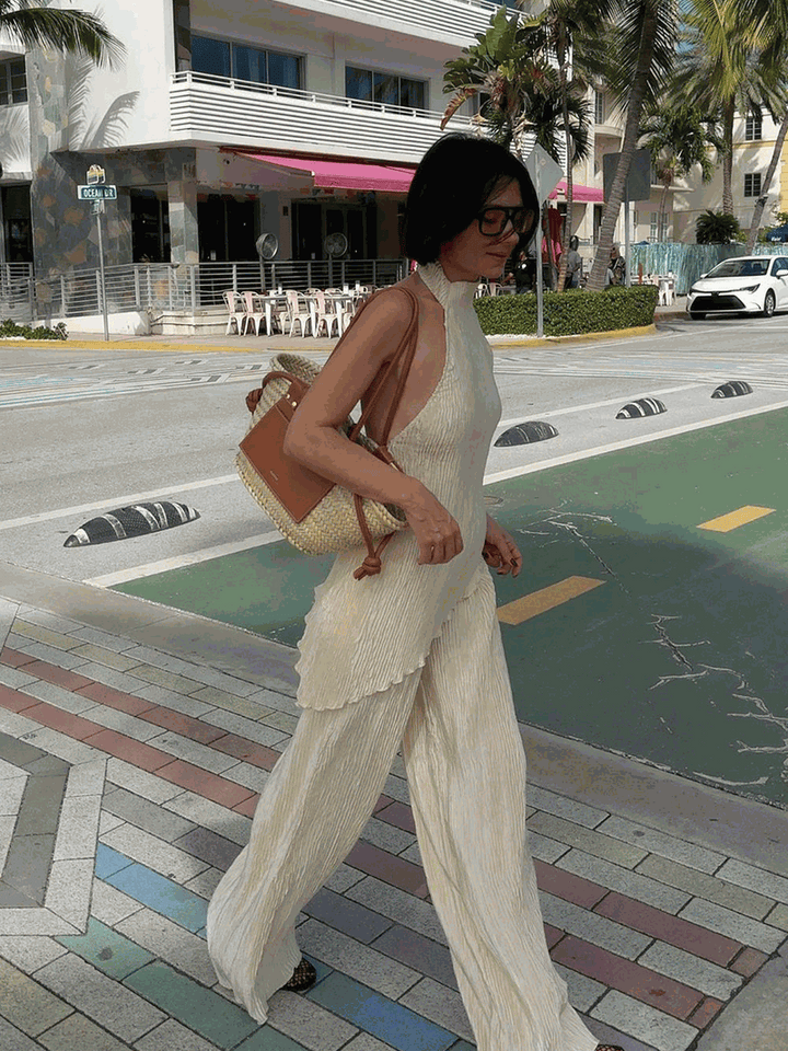 Pleated Two-Piece Set with Halter Top and Wide-Leg Trousers
