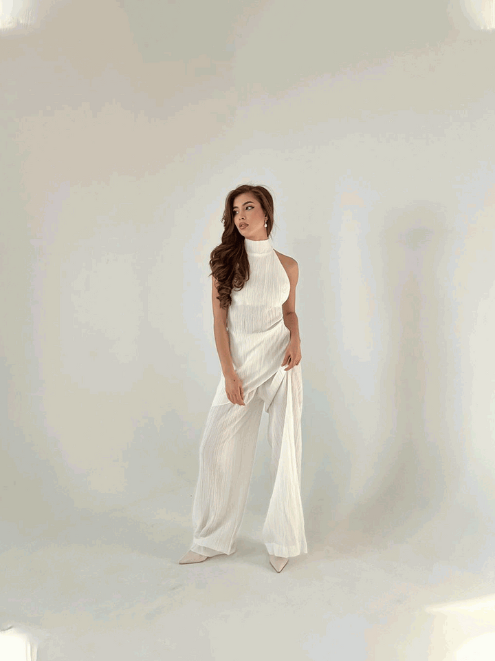 Pleated Two-Piece Set with Halter Top and Wide-Leg Trousers