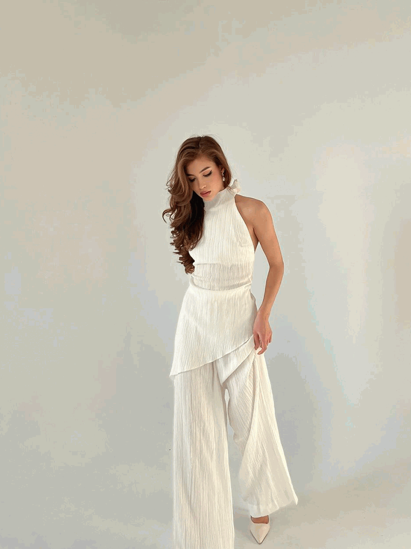Pleated Two-Piece Set with Halter Top and Wide-Leg Trousers