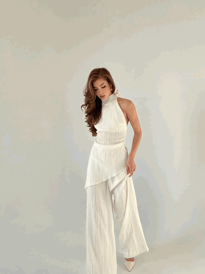 Pleated Two-Piece Set with Halter Top and Wide-Leg Trousers