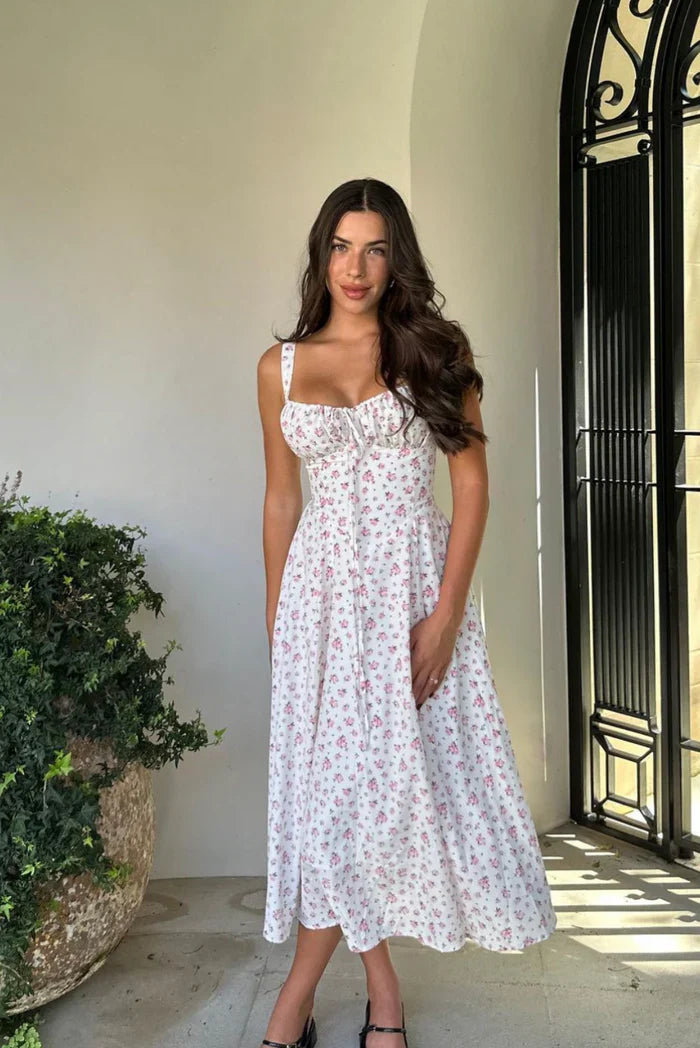 Floral Midi Dress | Wide Strap Tie Front Dress