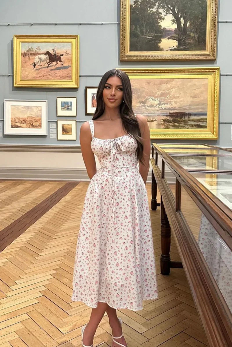 Floral Midi Dress | Wide Strap Tie Front Dress