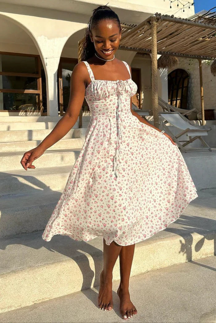 Floral Midi Dress | Wide Strap Tie Front Dress