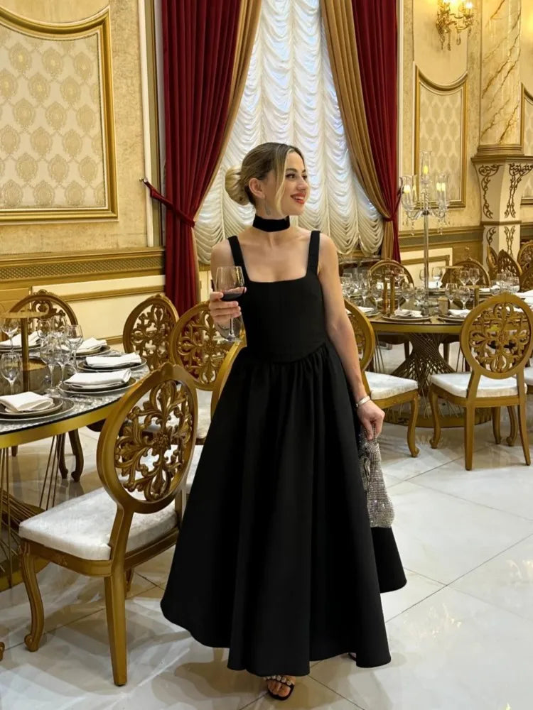 Square-Neck Corset-Bodice Full-Skirt Midi Dress