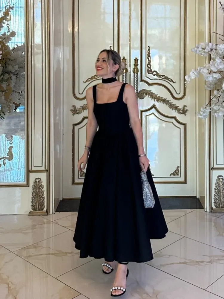 Square-Neck Corset-Bodice Full-Skirt Midi Dress