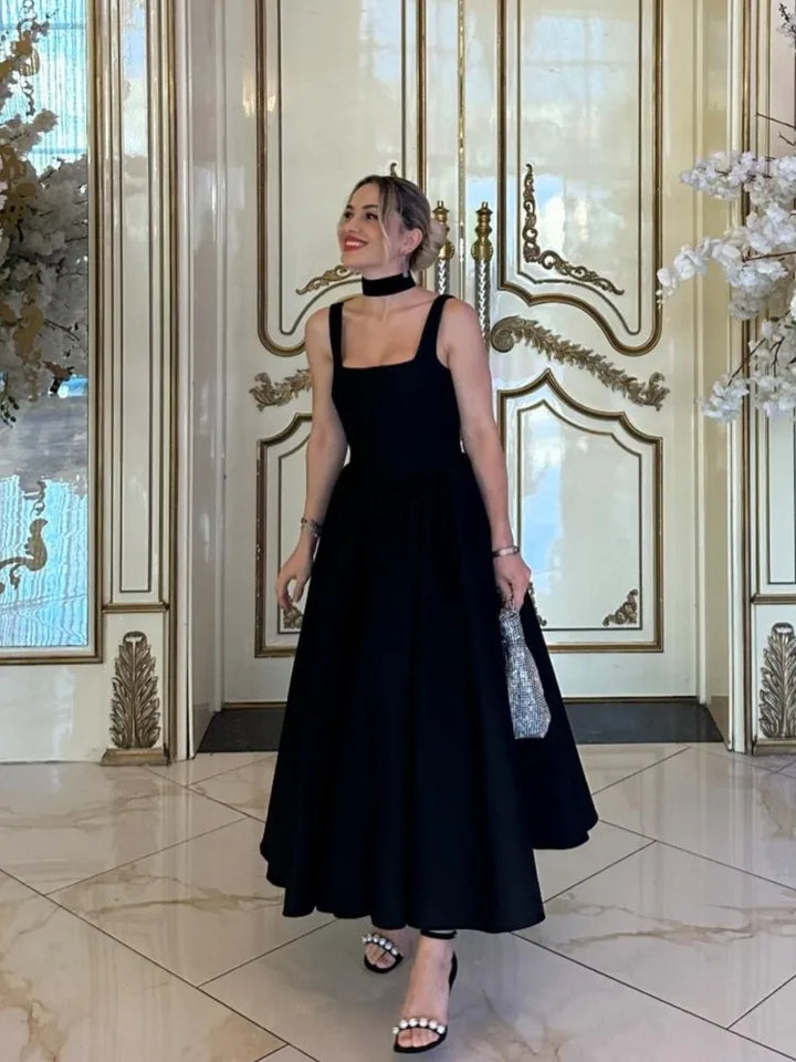 Square-Neck Corset-Bodice Full-Skirt Midi Dress