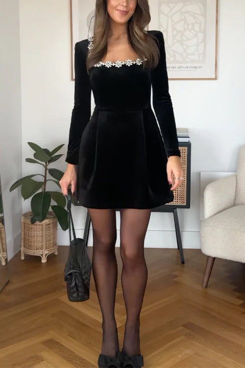 Embellished Square Neck Mini Dress with Long Sleeves