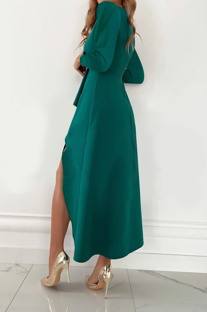 Wrap Midi Dress with V-Neckline, Long Sleeves and Waist Tie Detail