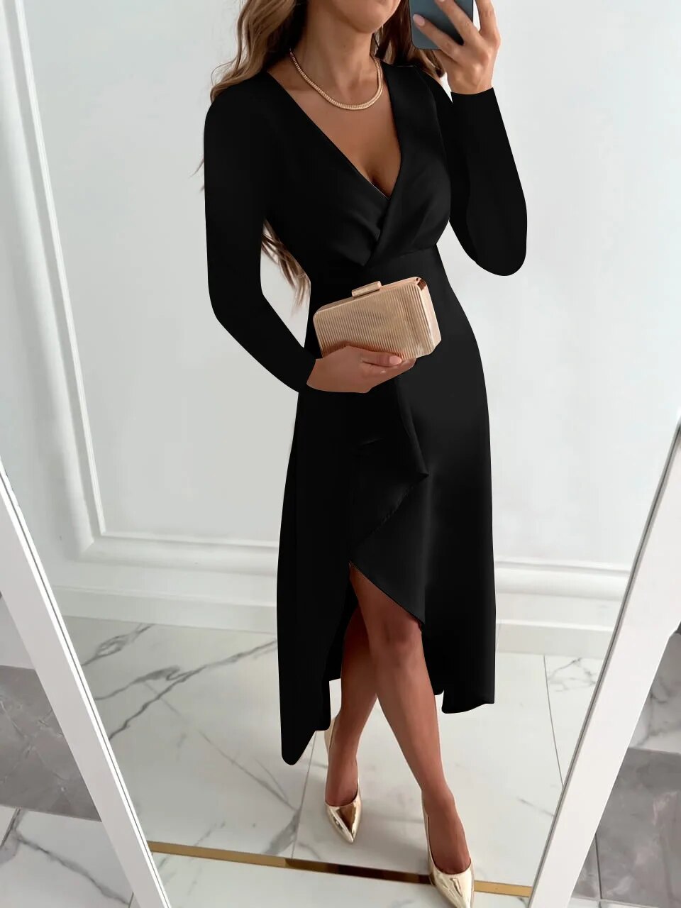 Wrap Midi Dress with V-Neckline, Long Sleeves and Waist Tie Detail