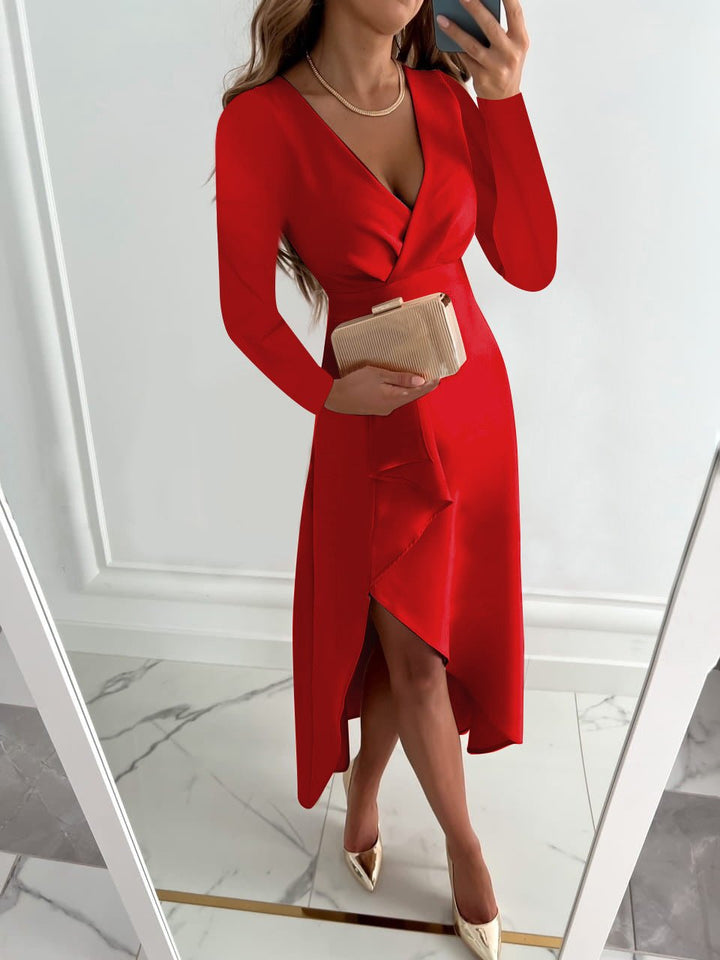 Wrap Midi Dress with V-Neckline, Long Sleeves and Waist Tie Detail