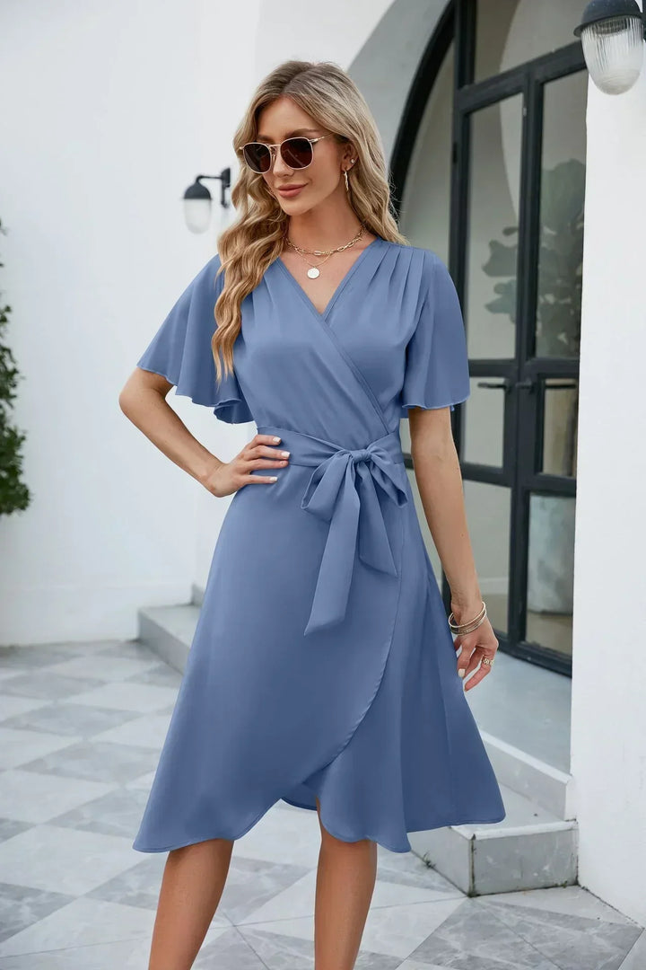 V-Neck Wrap Dress with Kimono Sleeves and Tie Waist